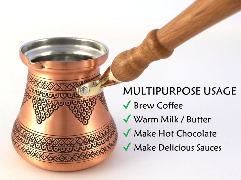 DEDE Copper - PCZ Series (Large-14fl.oz) - Thickest Solid Copper Engraved/Hammered Turkish Greek Arabic Coffee Pot with Wooden Handle, Stovetop Coffee Maker Cezve, Jezve, Jazva, Ibrik, Briki (Matte) - Image 3